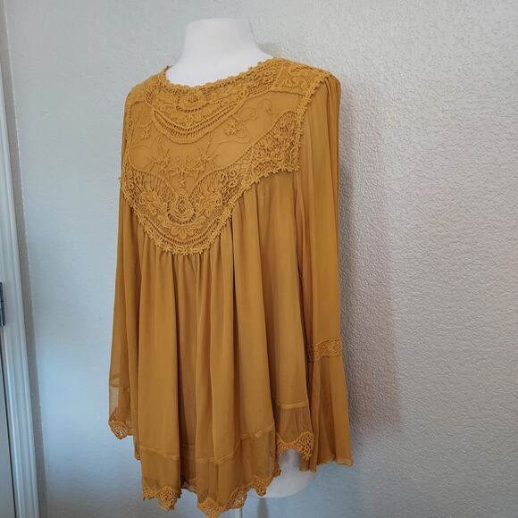 Ultra Pink Mustard Long Sleeve Crochet Tunic Long Sleeve Blouse Size XL - Picture 4 of 13